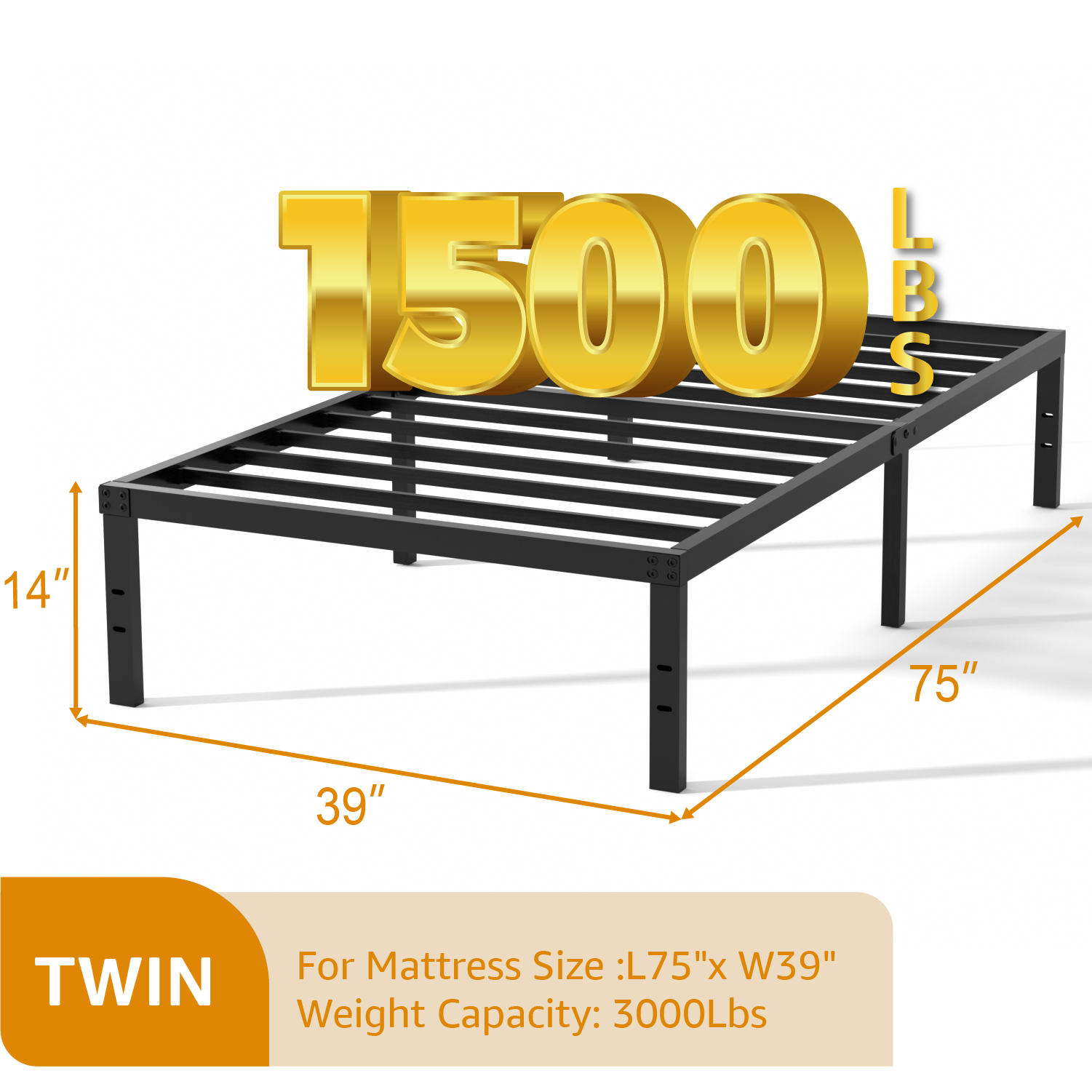 16 Inch Bed Frame, Metal Platform Bed Frame with Steel Slats, Storage Space Under Frame, Easy to Assemble, No Box Spring Needed