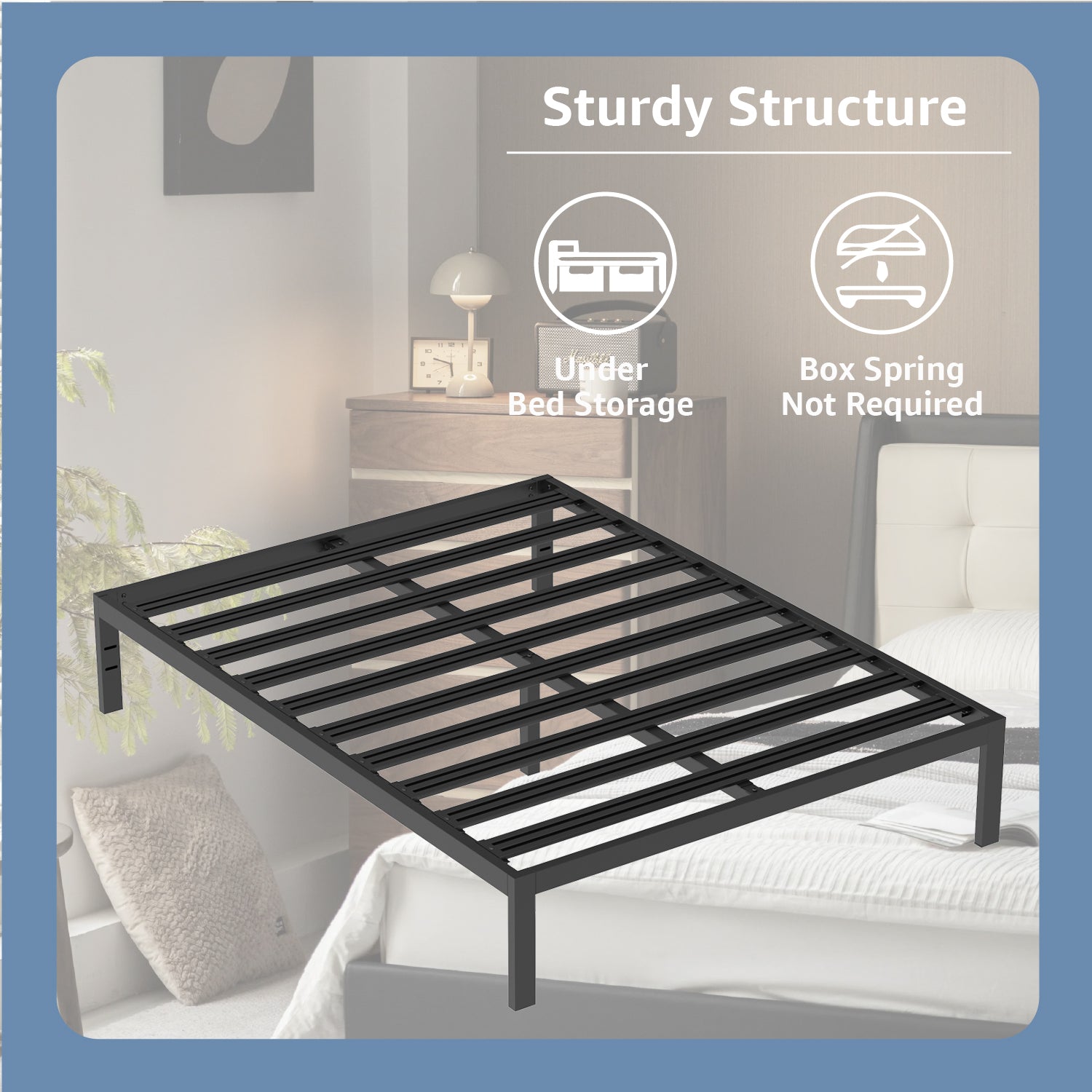 14" Heavy Duty Foundation Bedframe Wide Metal Slat Deluxe Mattress Support Bed Frame Base C Black