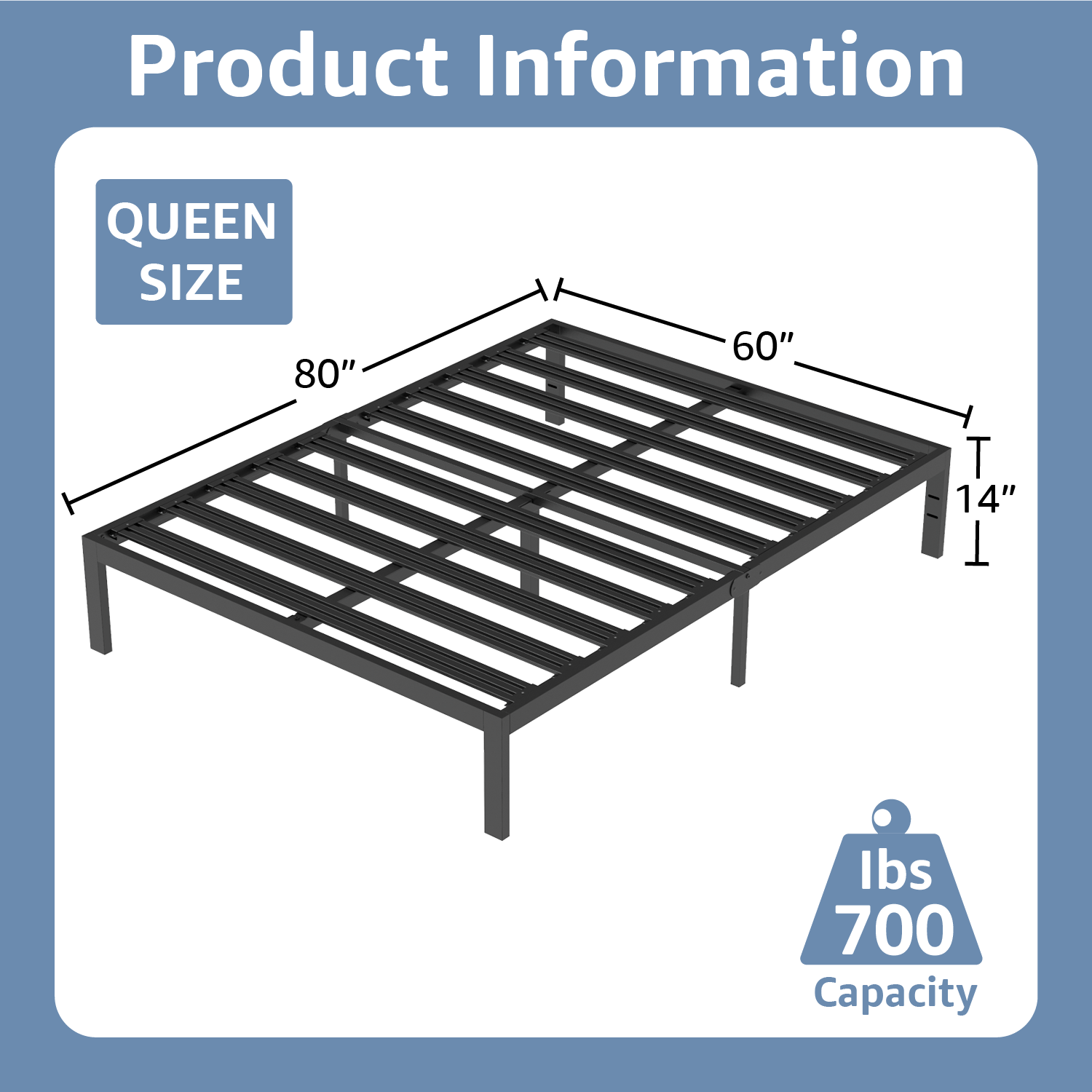 VENI 14" Heavy Duty Foundation Bedframe Wide Metal Slat Deluxe Mattress Support Bed Frame Base E Black