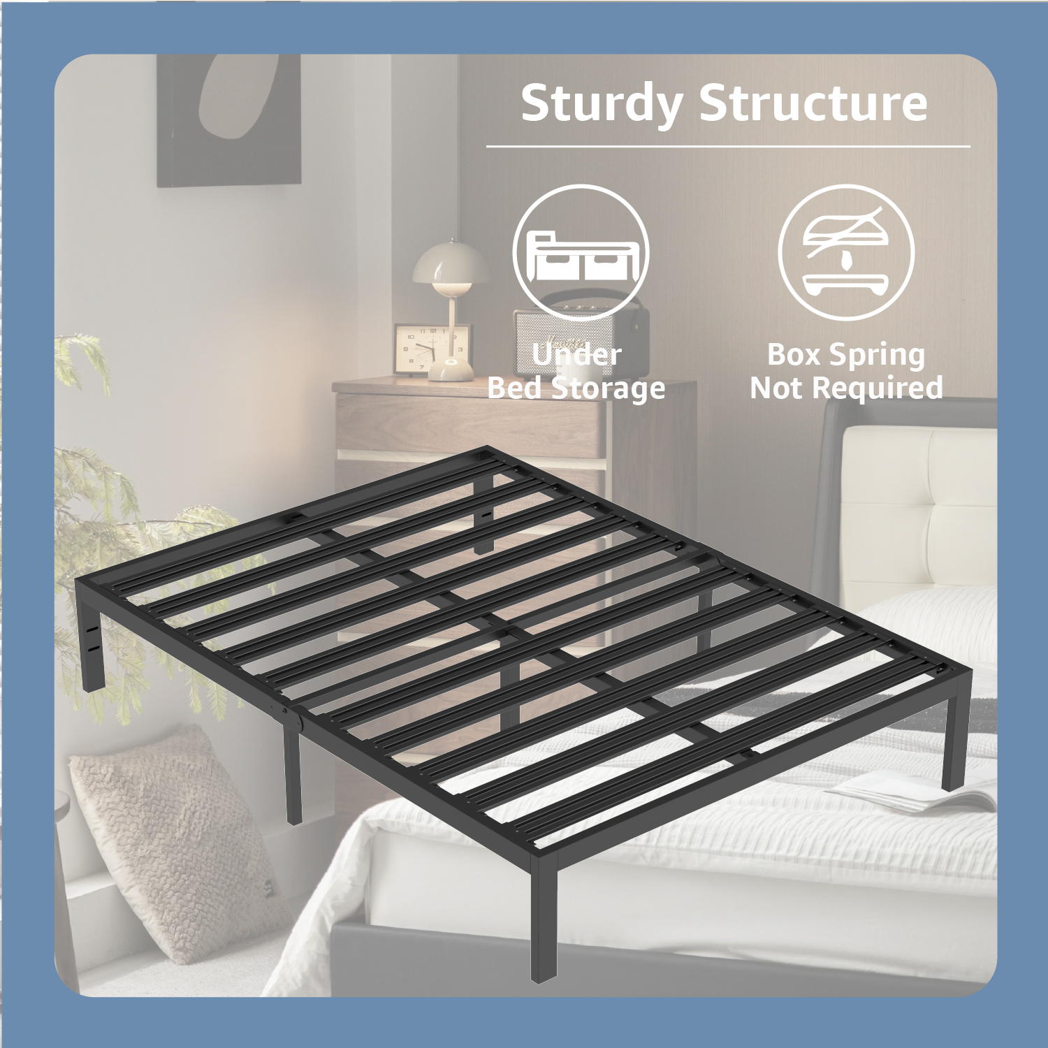 VENI 14" Heavy Duty Foundation Bedframe Wide Metal Slat Deluxe Mattress Support Bed Frame Base E Black