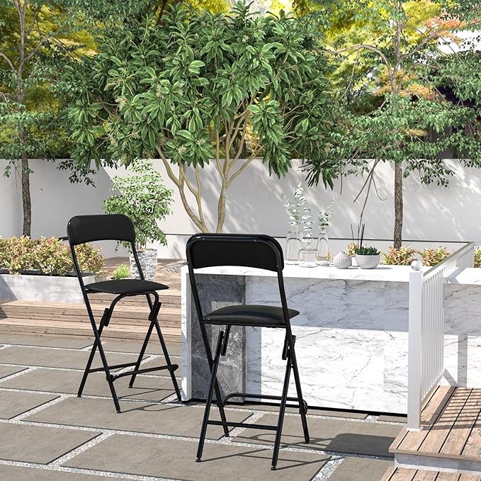 Folding Bar Stool with Backrest,25 Inch Leather Padded Counter Height Foldable Stool,Tall Folding Stool Chair for Gardening Kitchen Shop Cafe, Black (2 Pack)