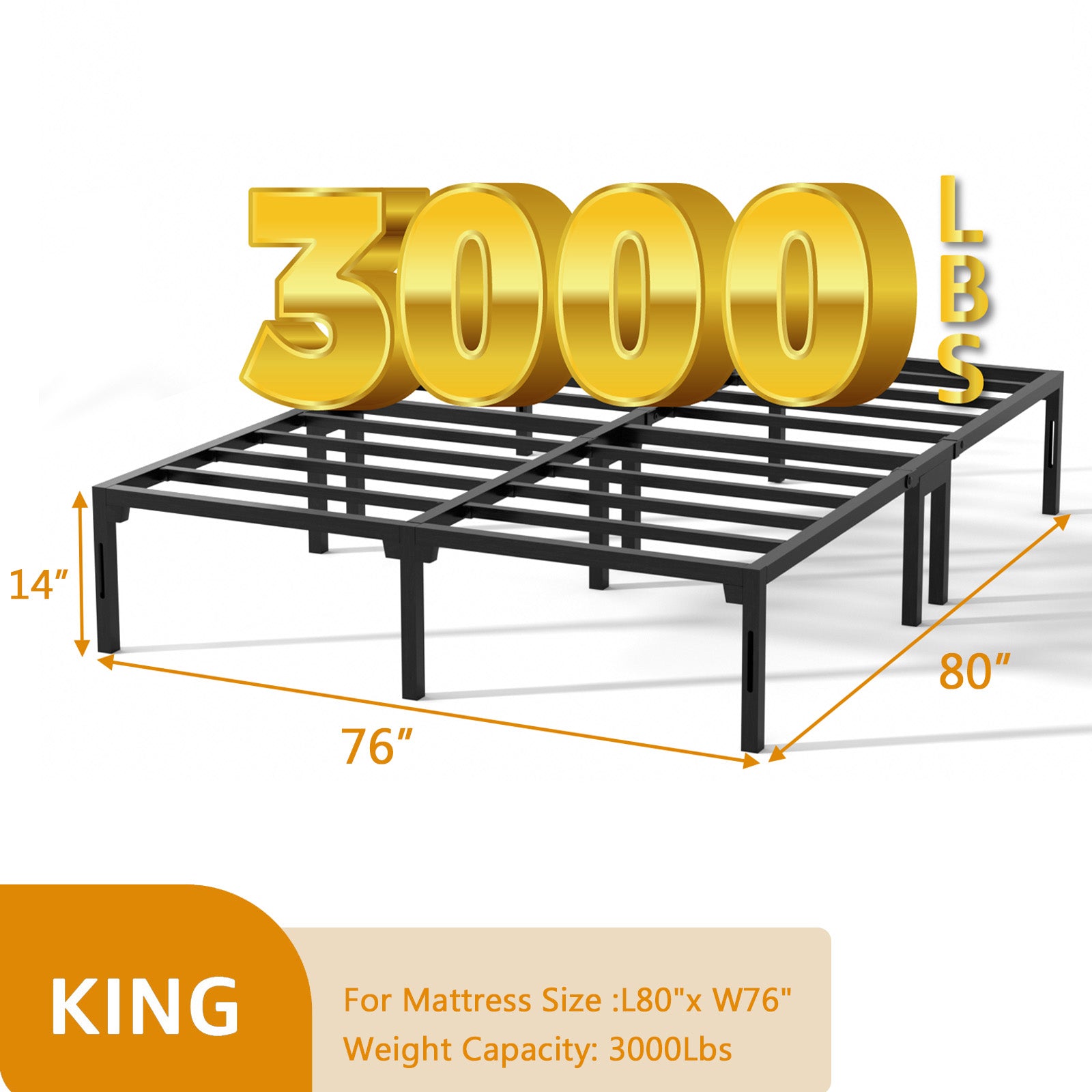 14" bed frame, heavy-duty metal platform bed frame with dual center supports, no box springs required, assembles in 8 minutes or less