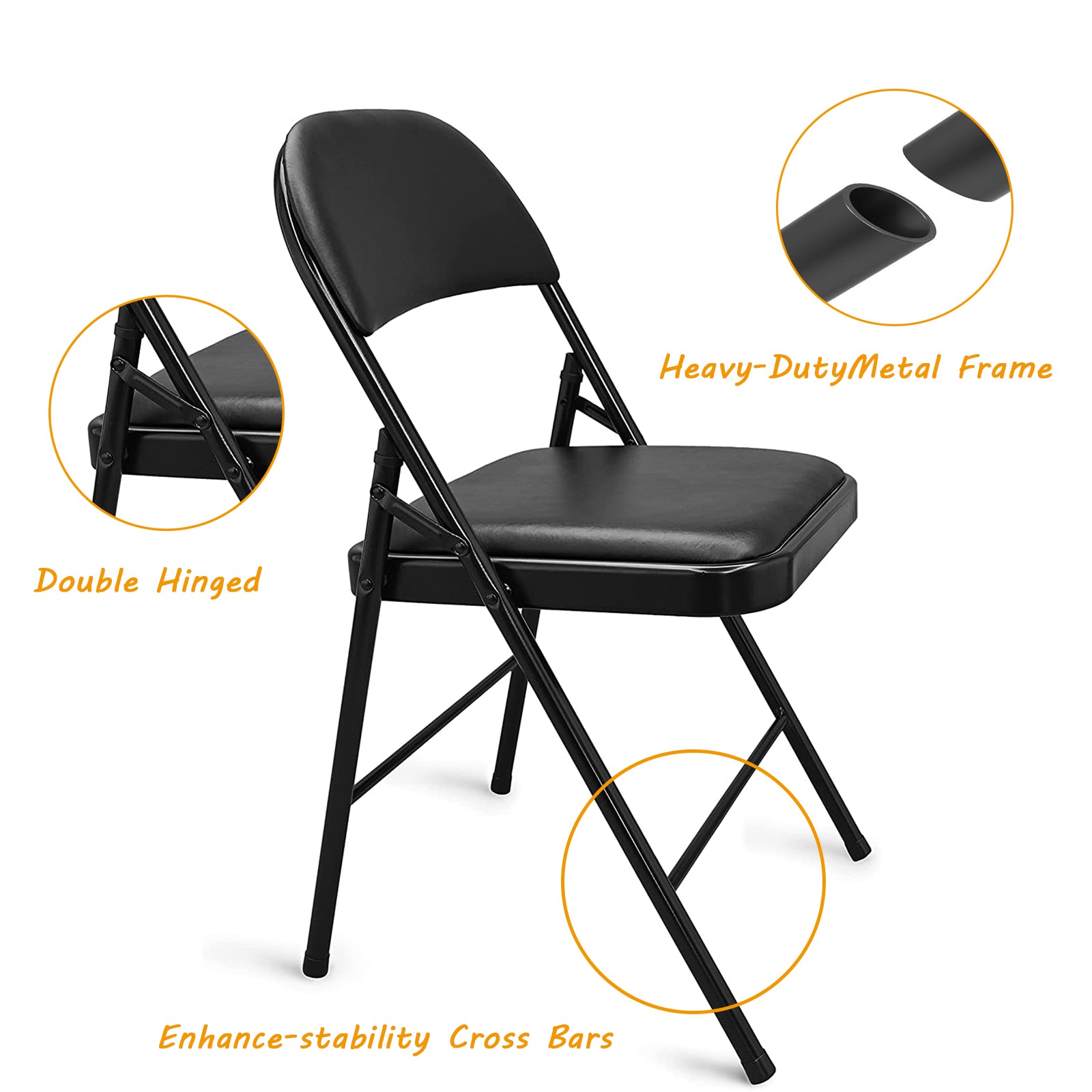 VENI HOME 500 lbs, 1 second fold, 4 pack black, upholstered folding chair with padded seat, metal folding chair