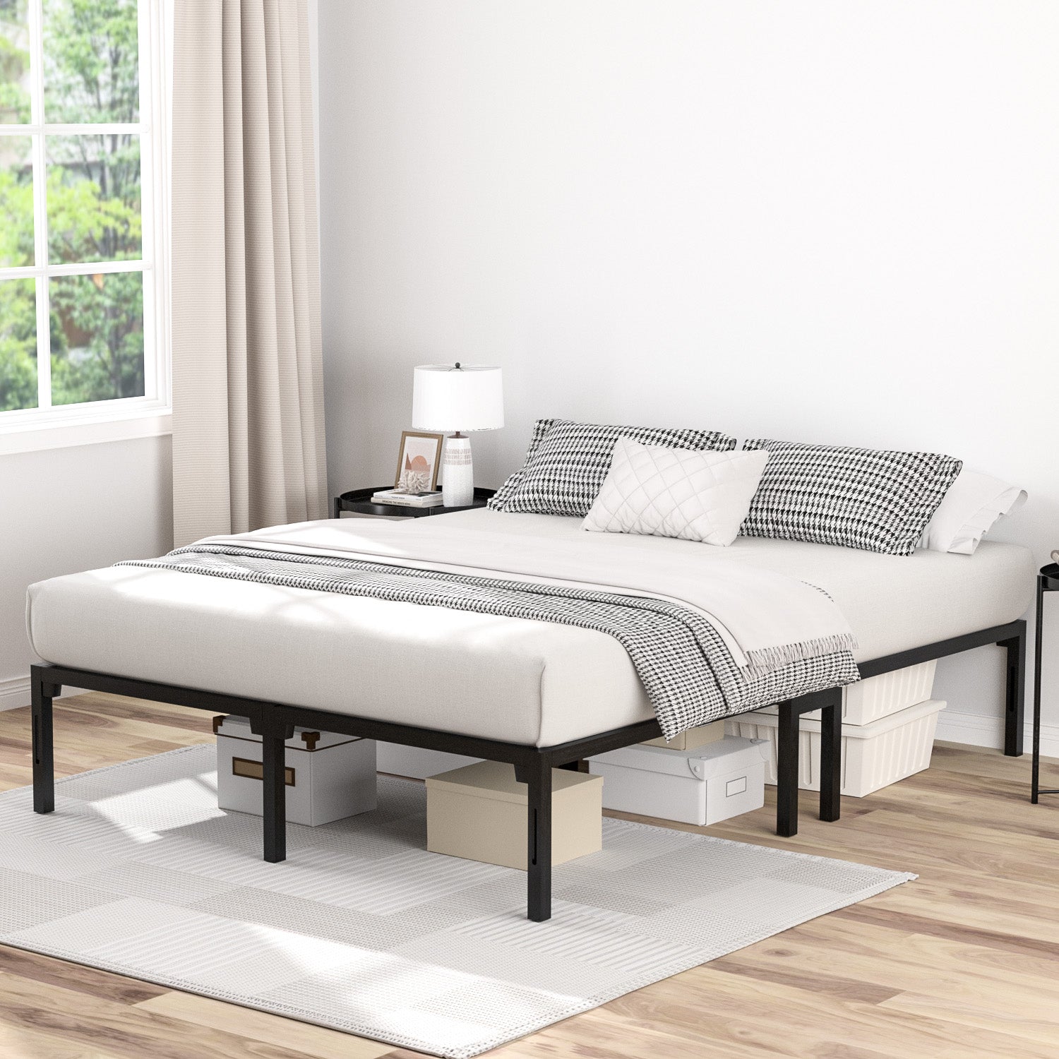 14" bed frame, heavy-duty metal platform bed frame with dual center supports, no box springs required, assembles in 8 minutes or less