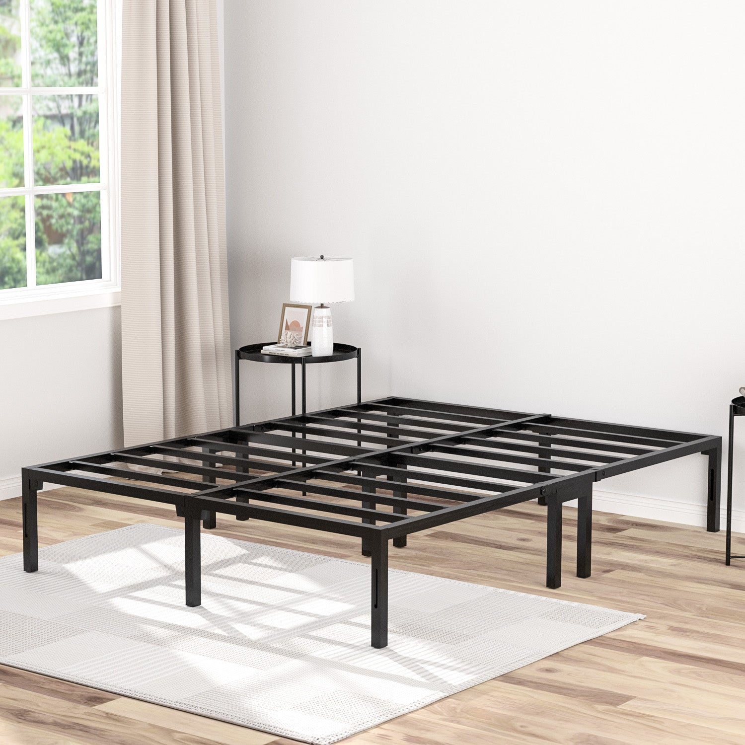 14" bed frame, heavy-duty metal platform bed frame with dual center supports, no box springs required, assembles in 8 minutes or less