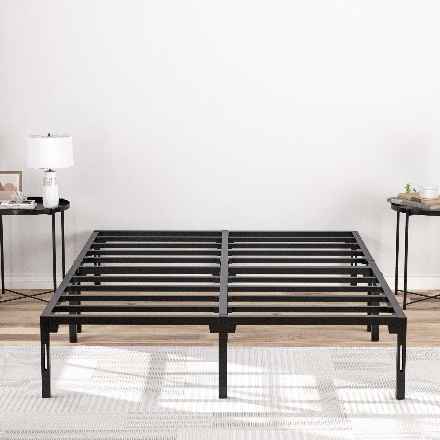 14" bed frame, heavy-duty metal platform bed frame with dual center supports, no box springs required, assembles in 8 minutes or less