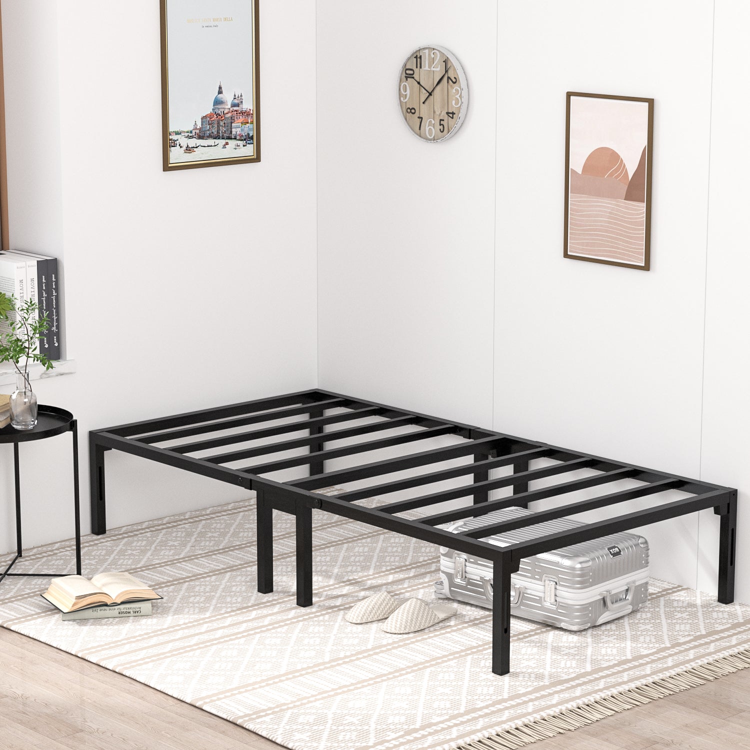 14" bed frame, heavy-duty metal platform bed frame with dual center supports, no box springs required, assembles in 8 minutes or less