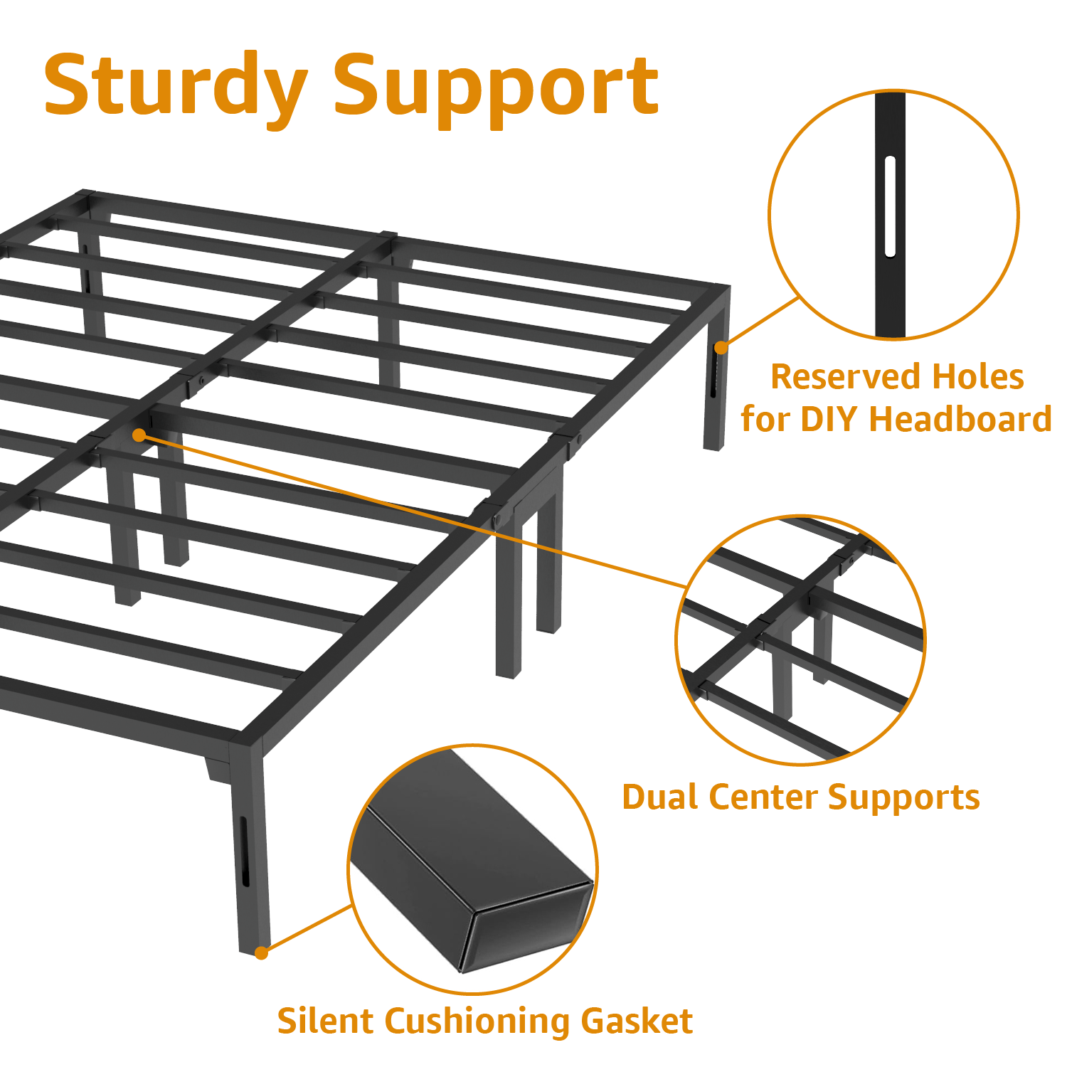 14" bed frame, heavy-duty metal platform bed frame with dual center supports, no box springs required, assembles in 8 minutes or less