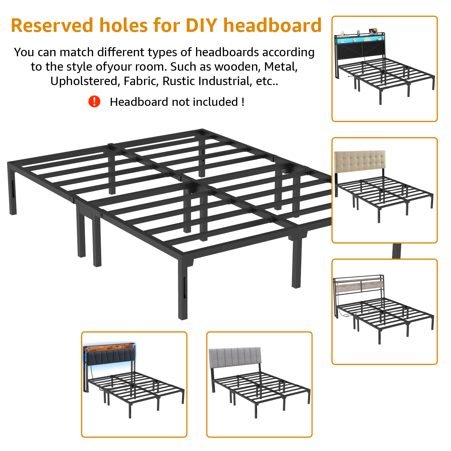 14" bed frame, heavy-duty metal platform bed frame with dual center supports, no box springs required, assembles in 8 minutes or less