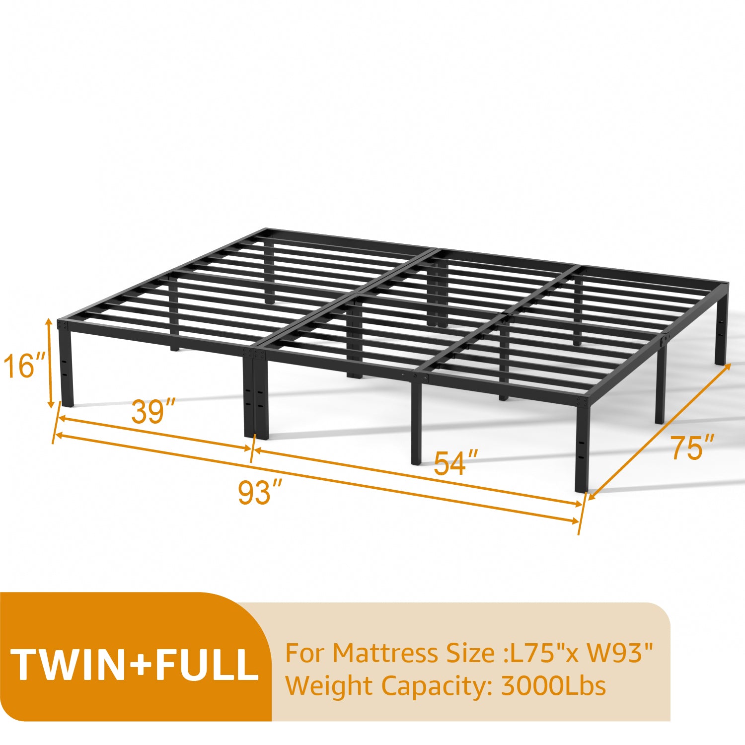 16 Inch Bed Frame, Metal Platform Bed Frame with Steel Slats, Storage Space Under Frame, Easy to Assemble, No Box Spring Needed