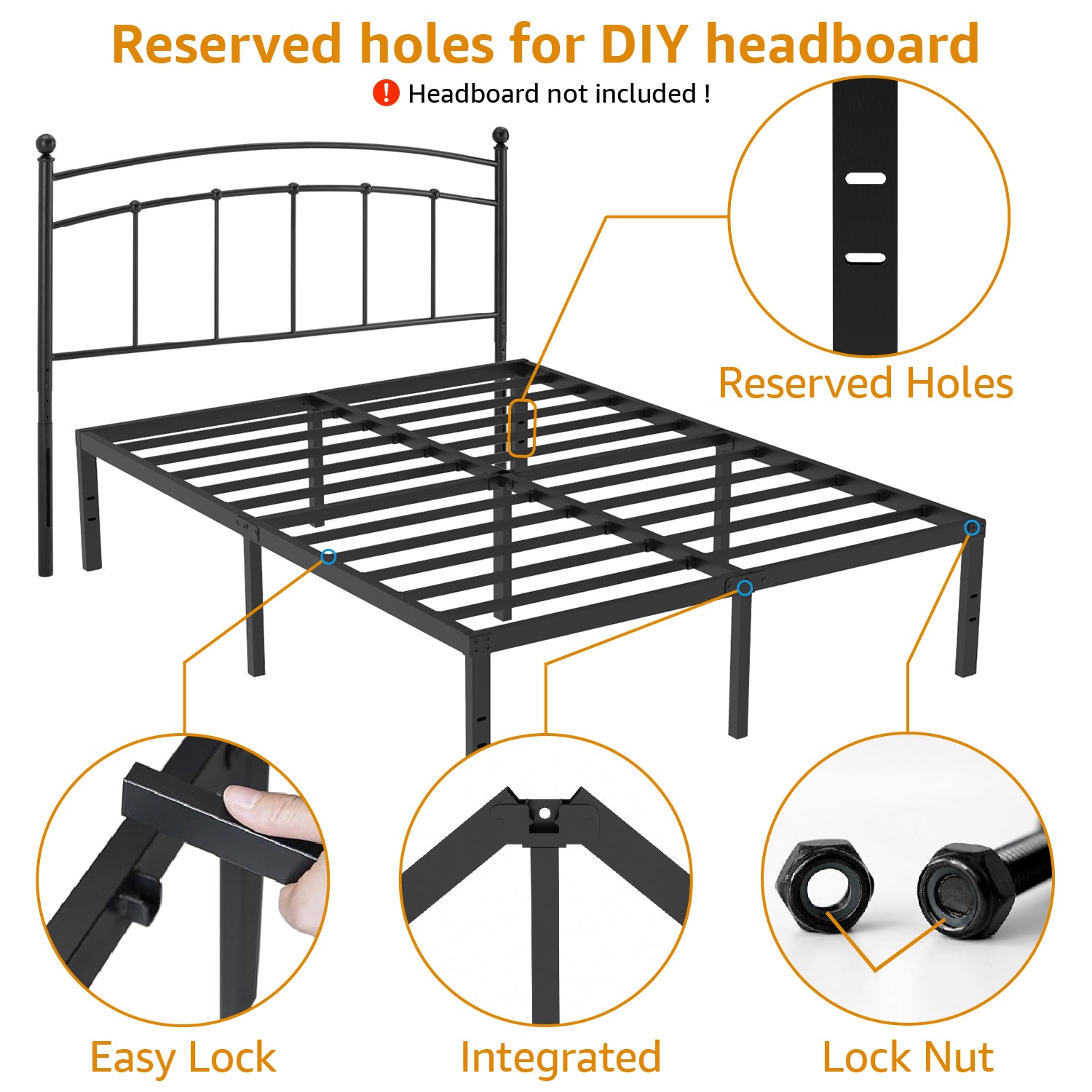 16 Inch Bed Frame, Metal Platform Bed Frame with Steel Slats, Storage Space Under Frame, Easy to Assemble, No Box Spring Needed