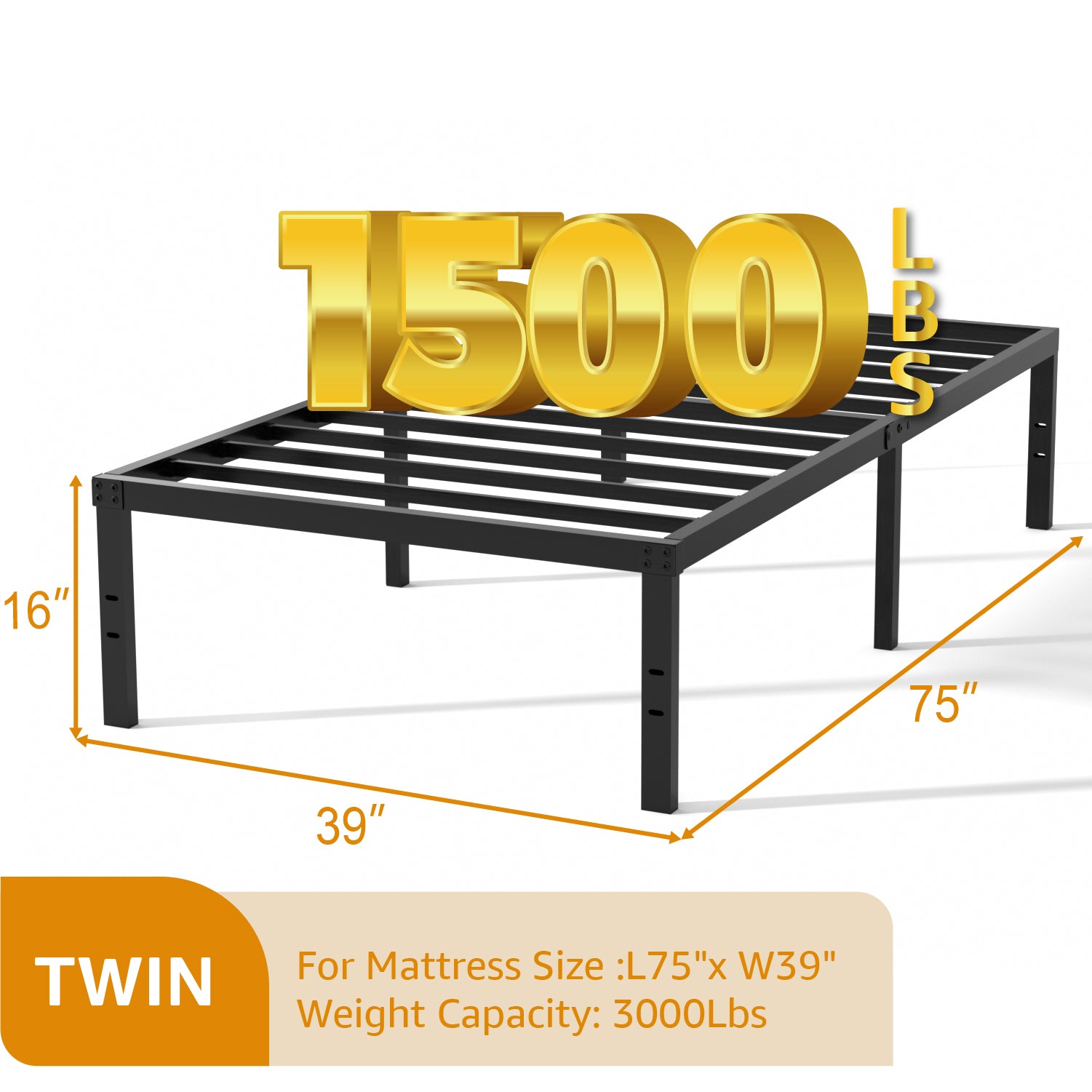 16 Inch Bed Frame, Metal Platform Bed Frame with Steel Slats, Storage Space Under Frame, Easy to Assemble, No Box Spring Needed