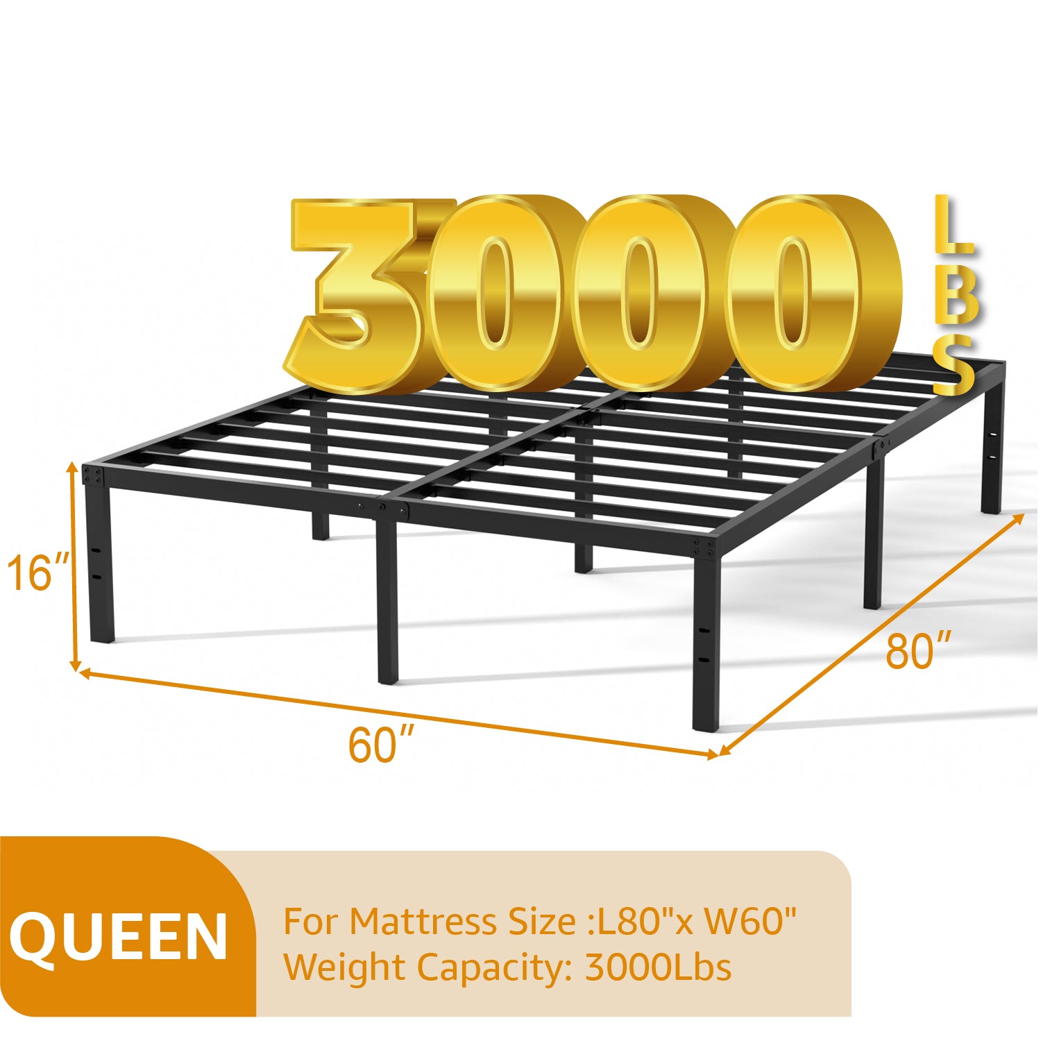 16 Inch Bed Frame, Metal Platform Bed Frame with Steel Slats, Storage Space Under Frame, Easy to Assemble, No Box Spring Needed