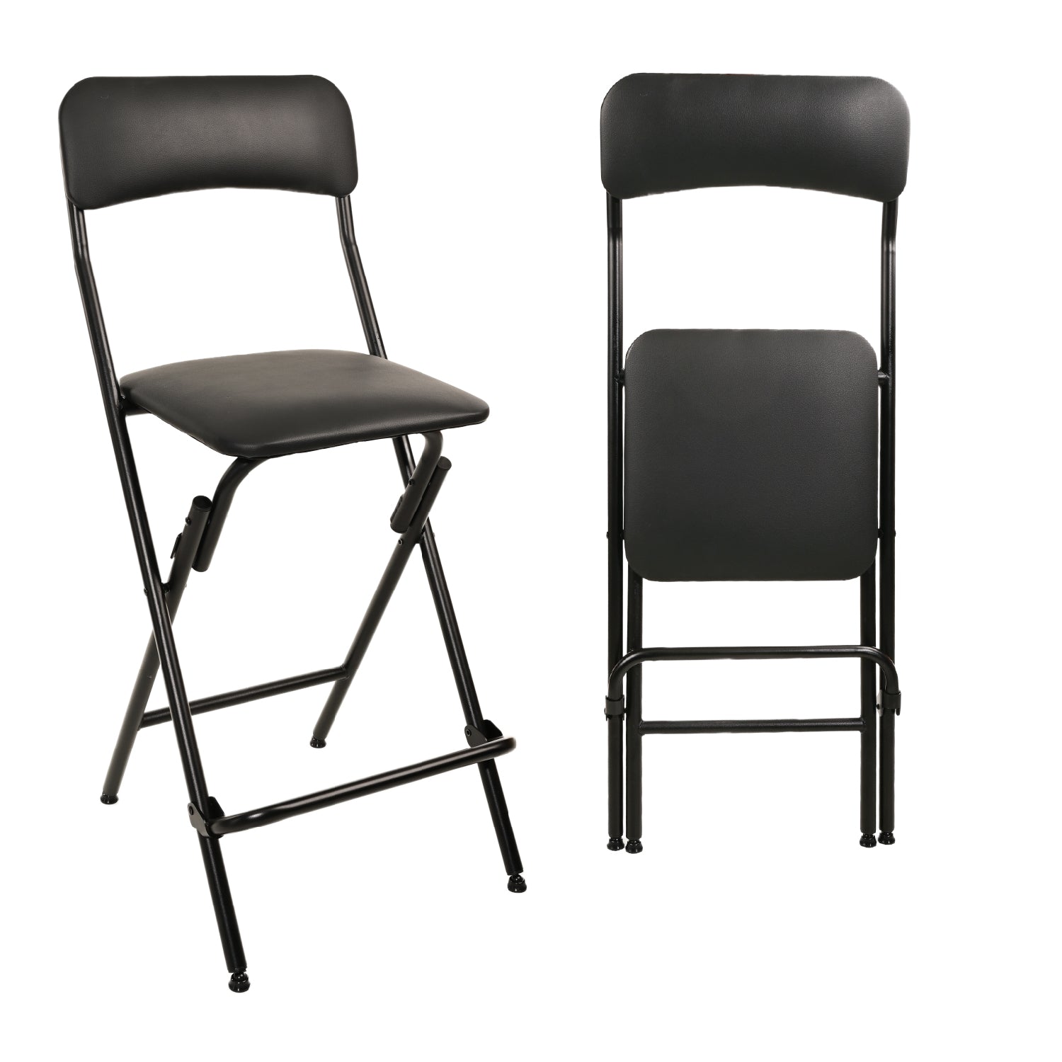 Folding Bar Stool with Backrest,25 Inch Leather Padded Counter Height Foldable Stool,Tall Folding Stool Chair for Gardening Kitchen Shop Cafe, Black (2 Pack)