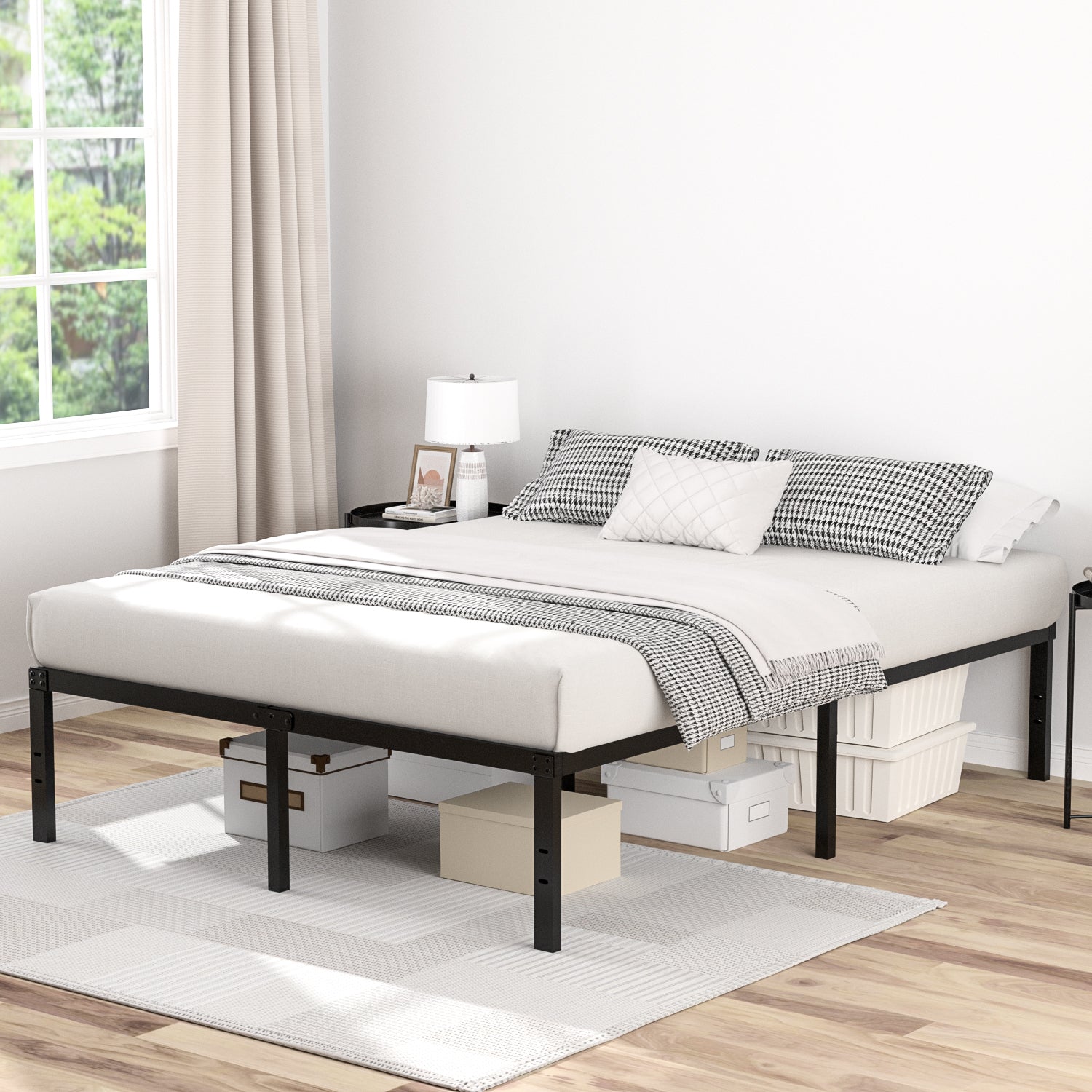 16 Inch Bed Frame, Metal Platform Bed Frame with Steel Slats, Storage Space Under Frame, Easy to Assemble, No Box Spring Needed