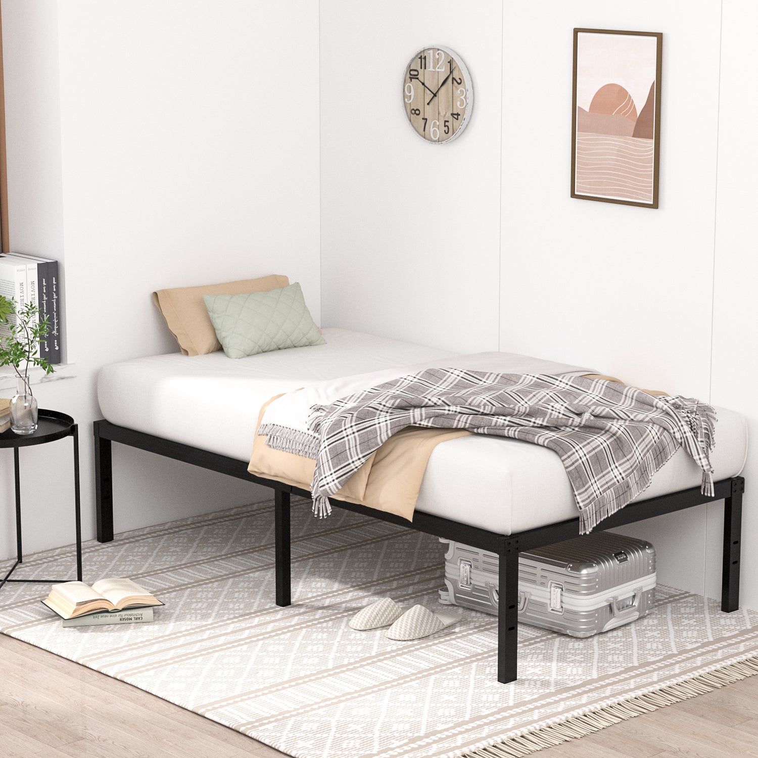 16 Inch Bed Frame, Metal Platform Bed Frame with Steel Slats, Storage Space Under Frame, Easy to Assemble, No Box Spring Needed