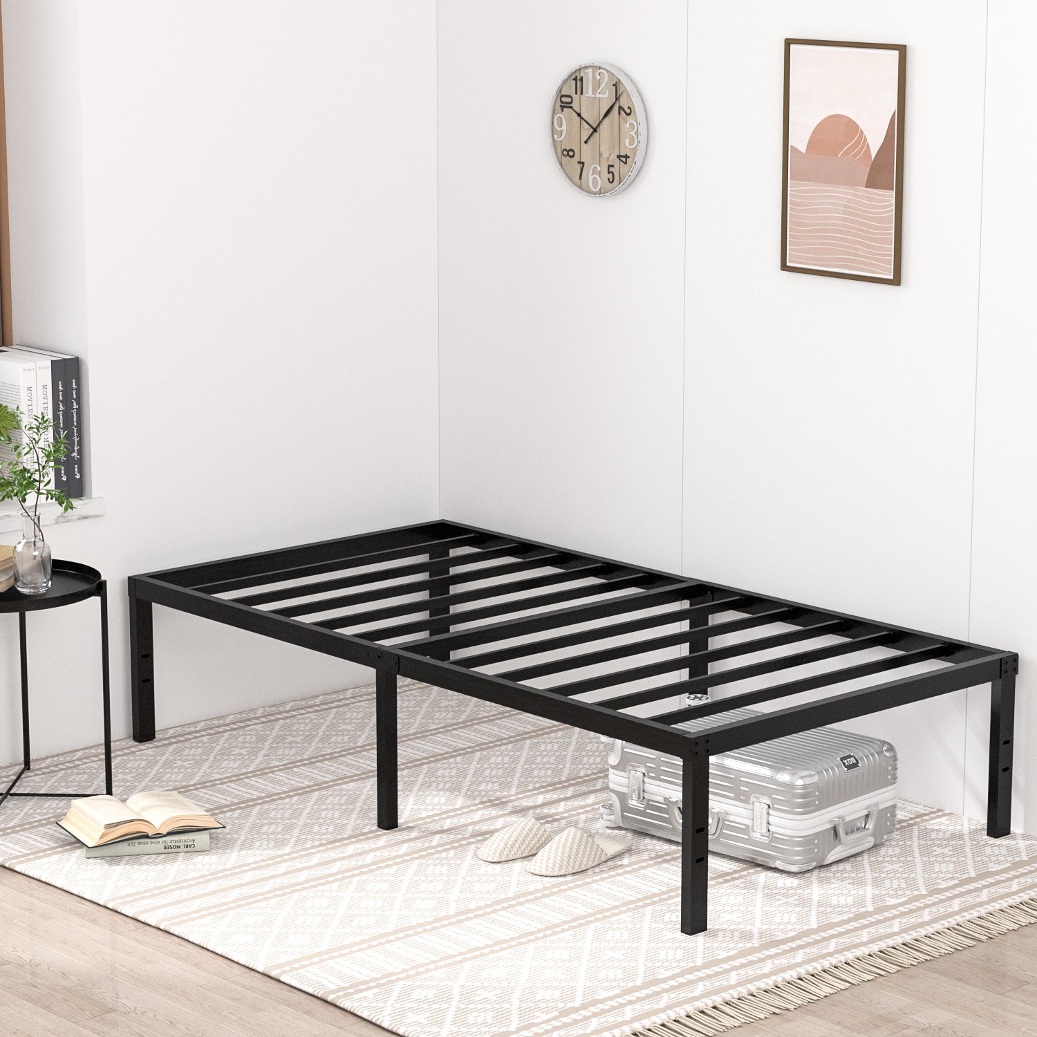 16 Inch Bed Frame, Metal Platform Bed Frame with Steel Slats, Storage Space Under Frame, Easy to Assemble, No Box Spring Needed