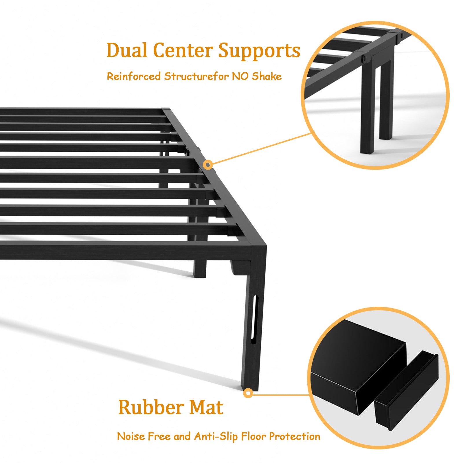 14" bed frame, heavy-duty metal platform bed frame with dual center supports, no box springs required, assembles in 8 minutes or less