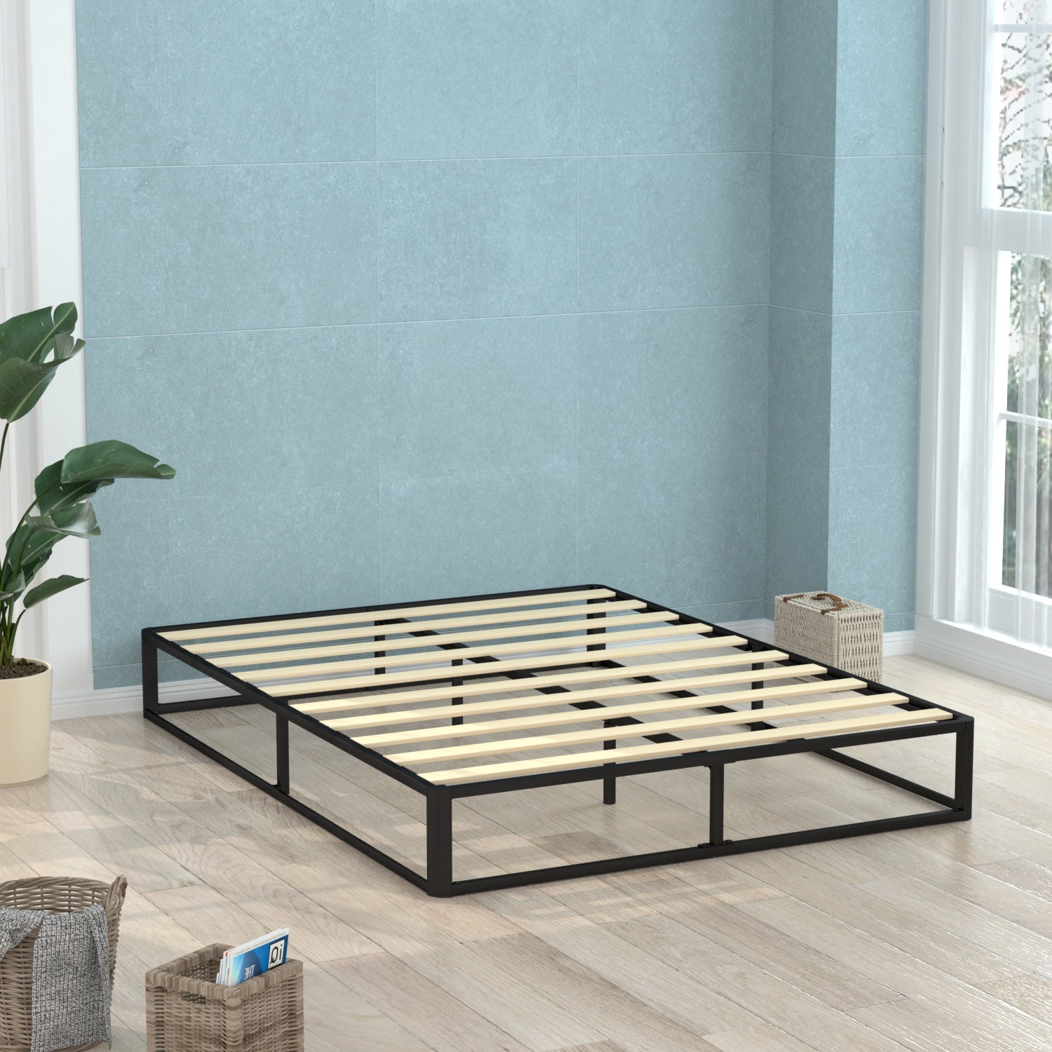 VENI Classic Metal Platform Bed with Wooden Slats