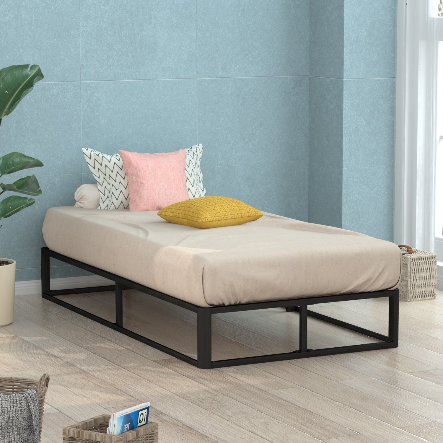 VENI Classic Metal Platform Bed with Wooden Slats