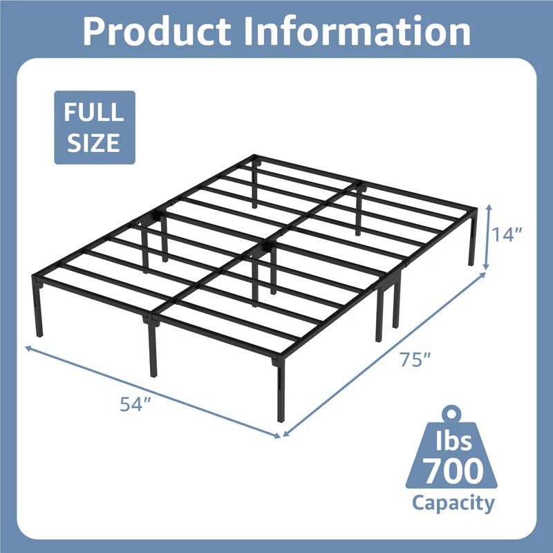 VENI 14 Inch Durable Full Size Metal Bed Frame with Dual Center Supports - Sturdy Construction for Home Use