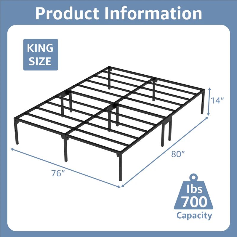 VENI 14 Inch Durable Full Size Metal Bed Frame with Dual Center Supports - Sturdy Construction for Home Use