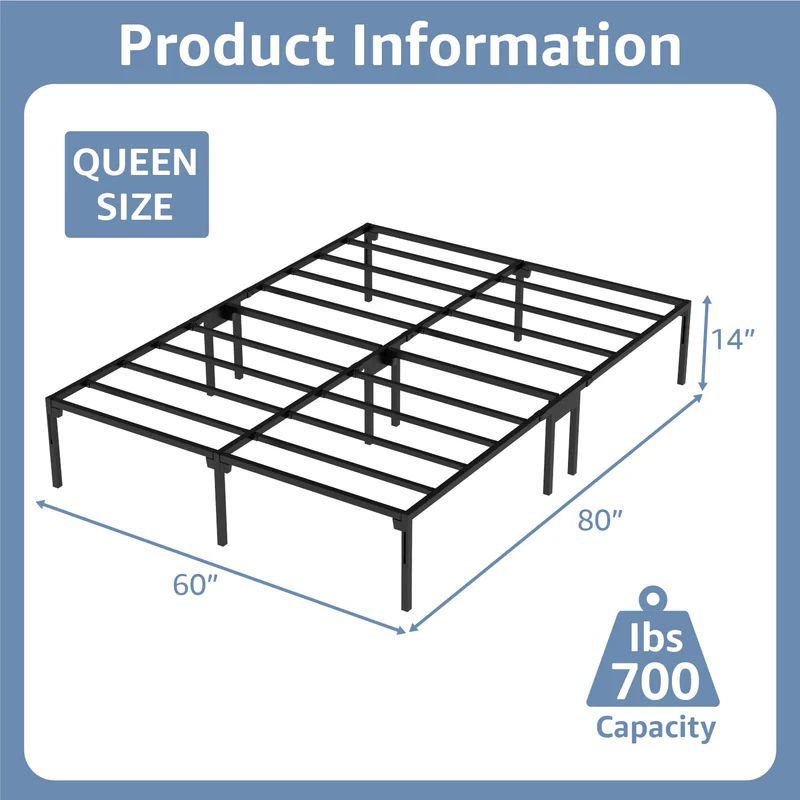 VENI 14 Inch Durable Full Size Metal Bed Frame with Dual Center Supports - Sturdy Construction for Home Use