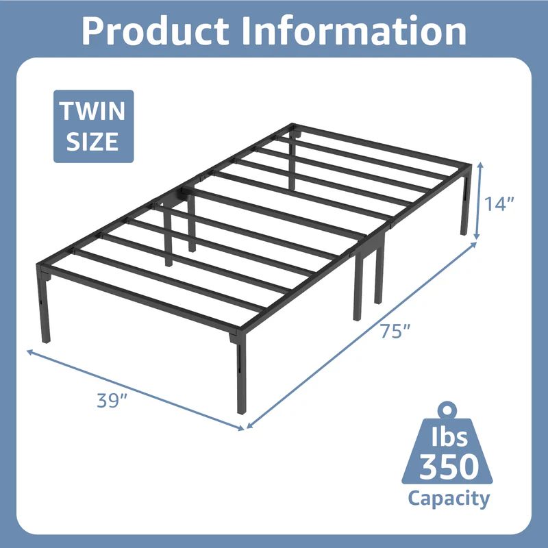 VENI 14 Inch Durable Full Size Metal Bed Frame with Dual Center Supports - Sturdy Construction for Home Use