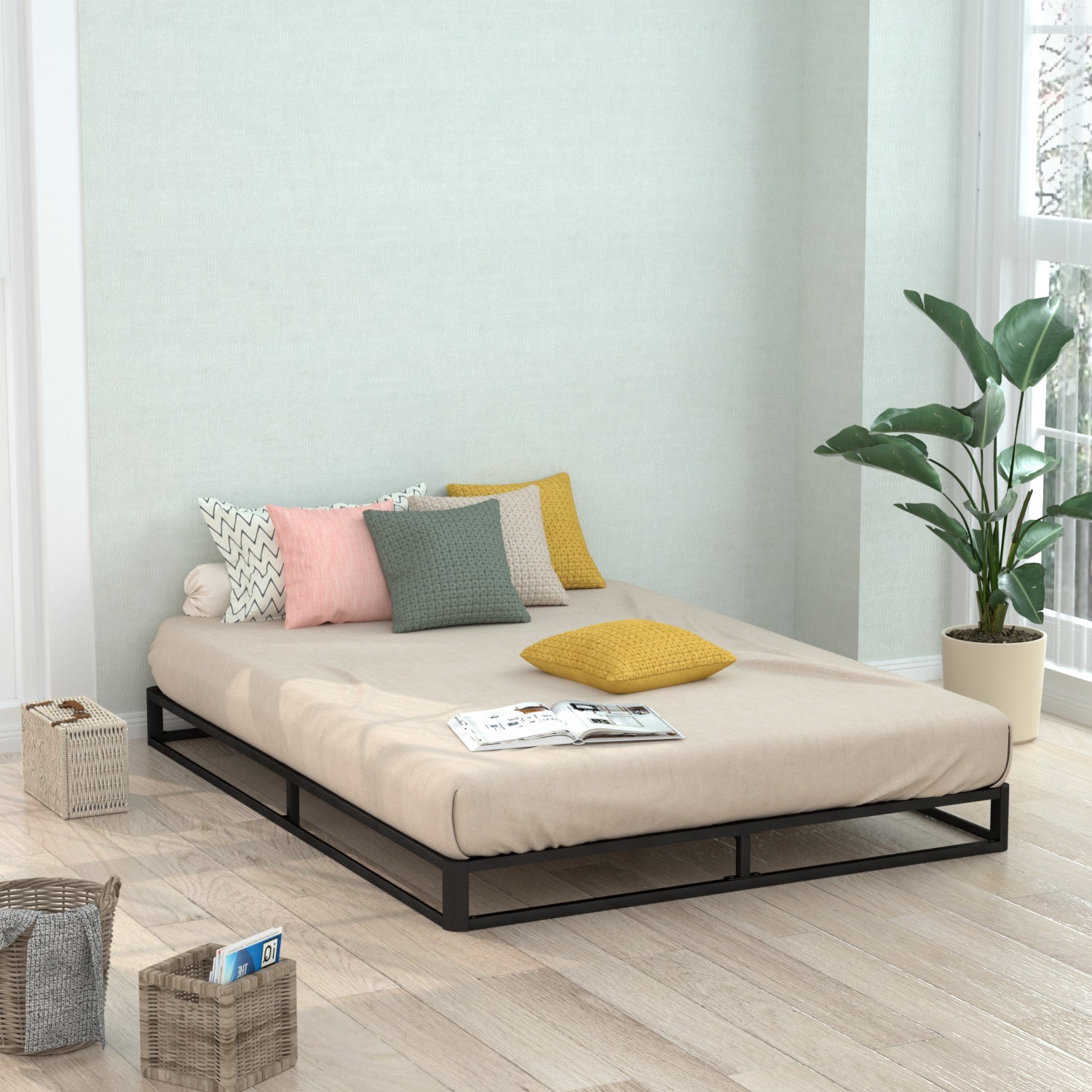 VENI Classic Metal Platform Bed with Wooden Slats