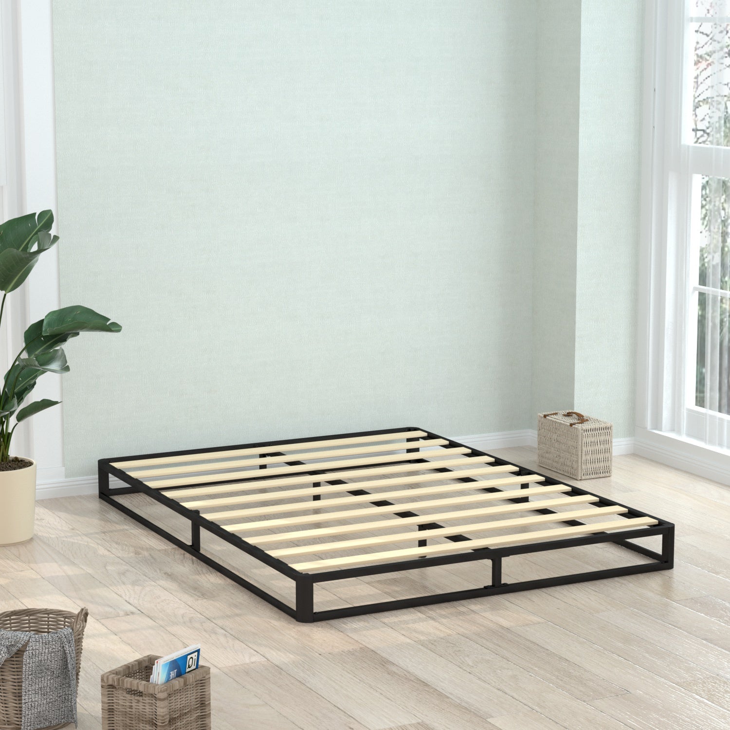 VENI Classic Metal Platform Bed with Wooden Slats