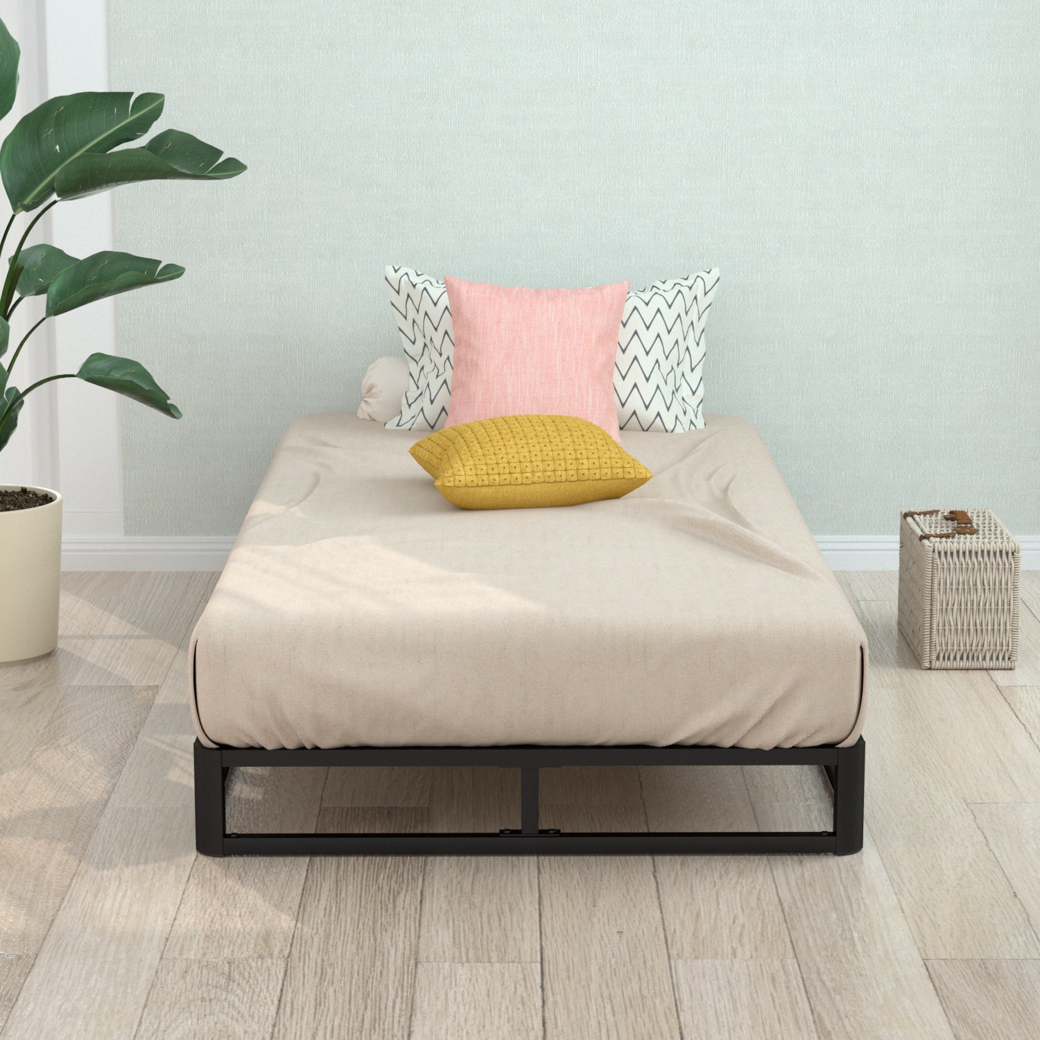 VENI Classic Metal Platform Bed with Wooden Slats