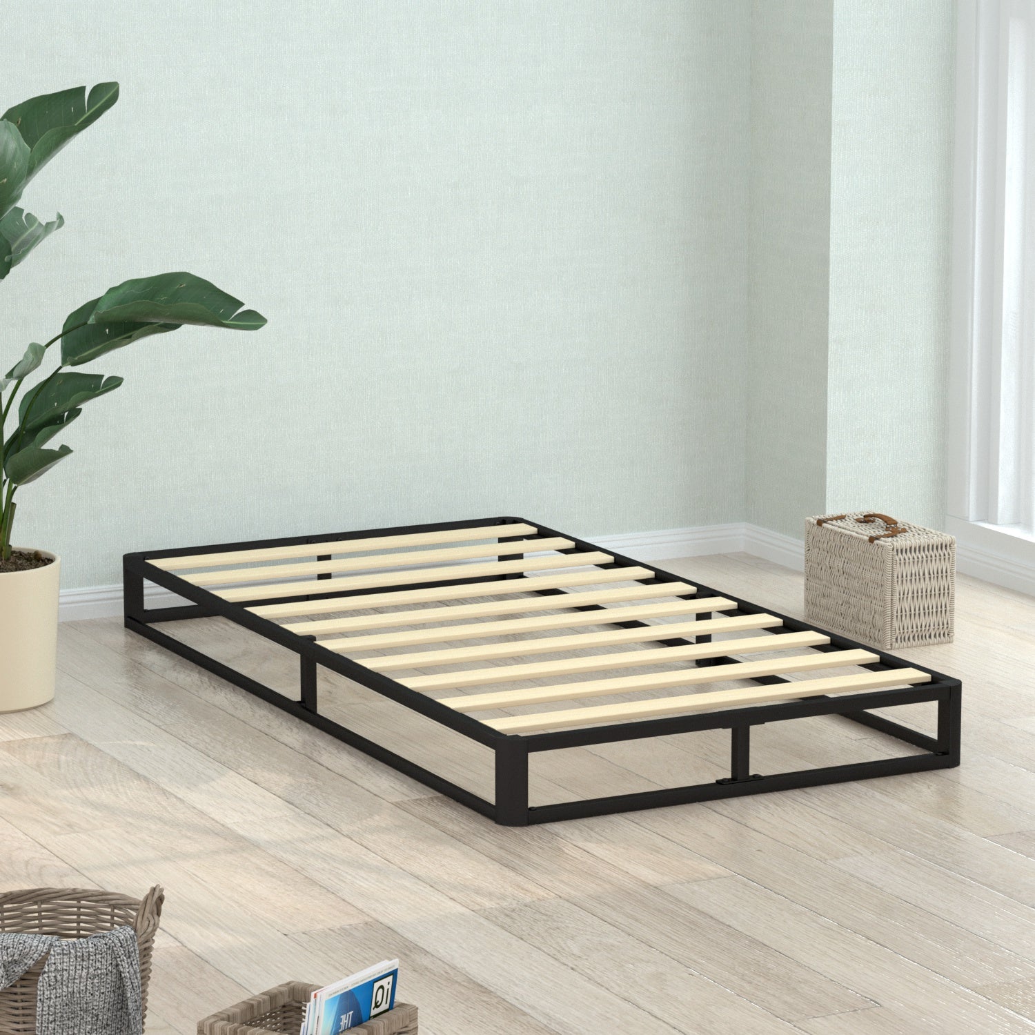 VENI Classic Metal Platform Bed with Wooden Slats