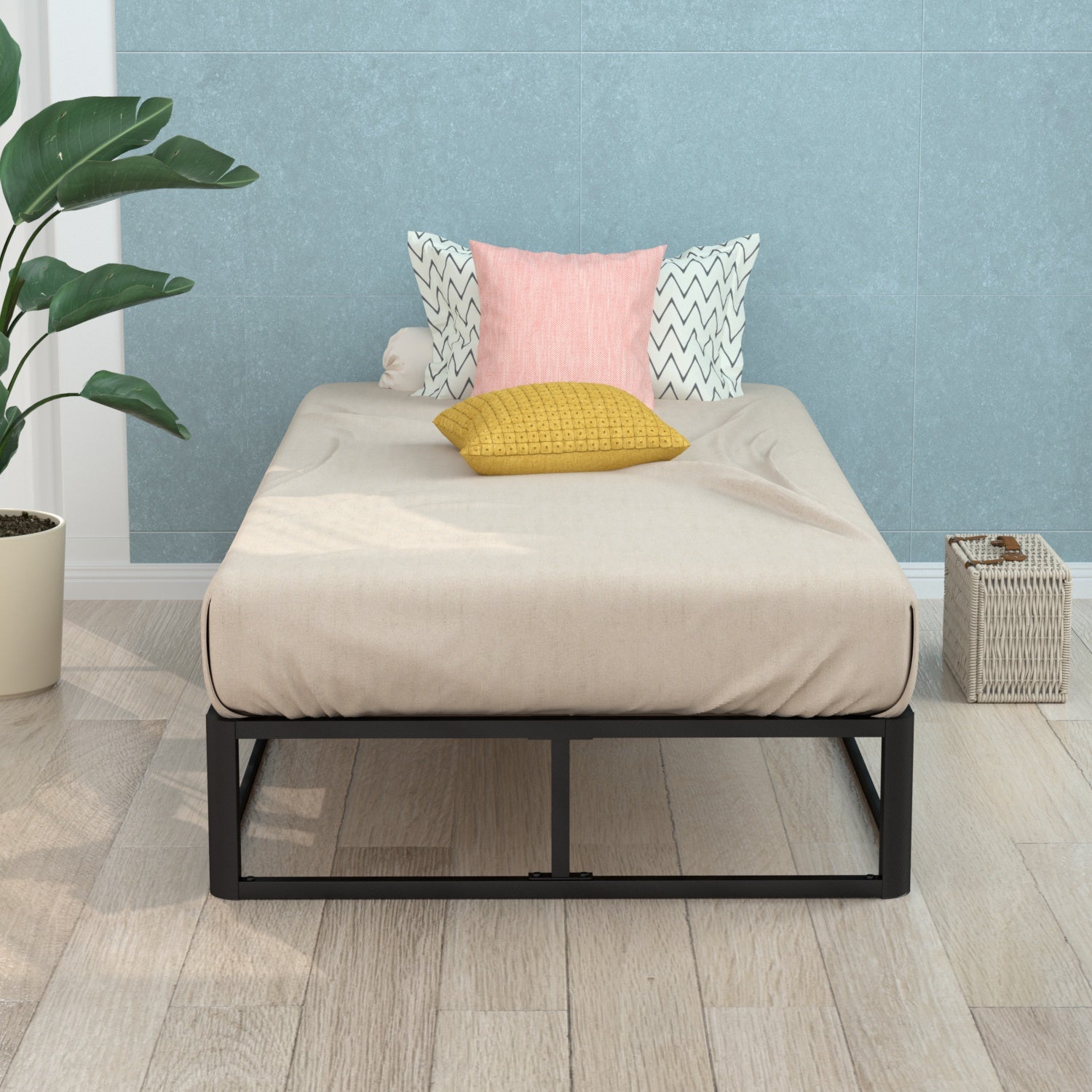 VENI Classic Metal Platform Bed with Wooden Slats