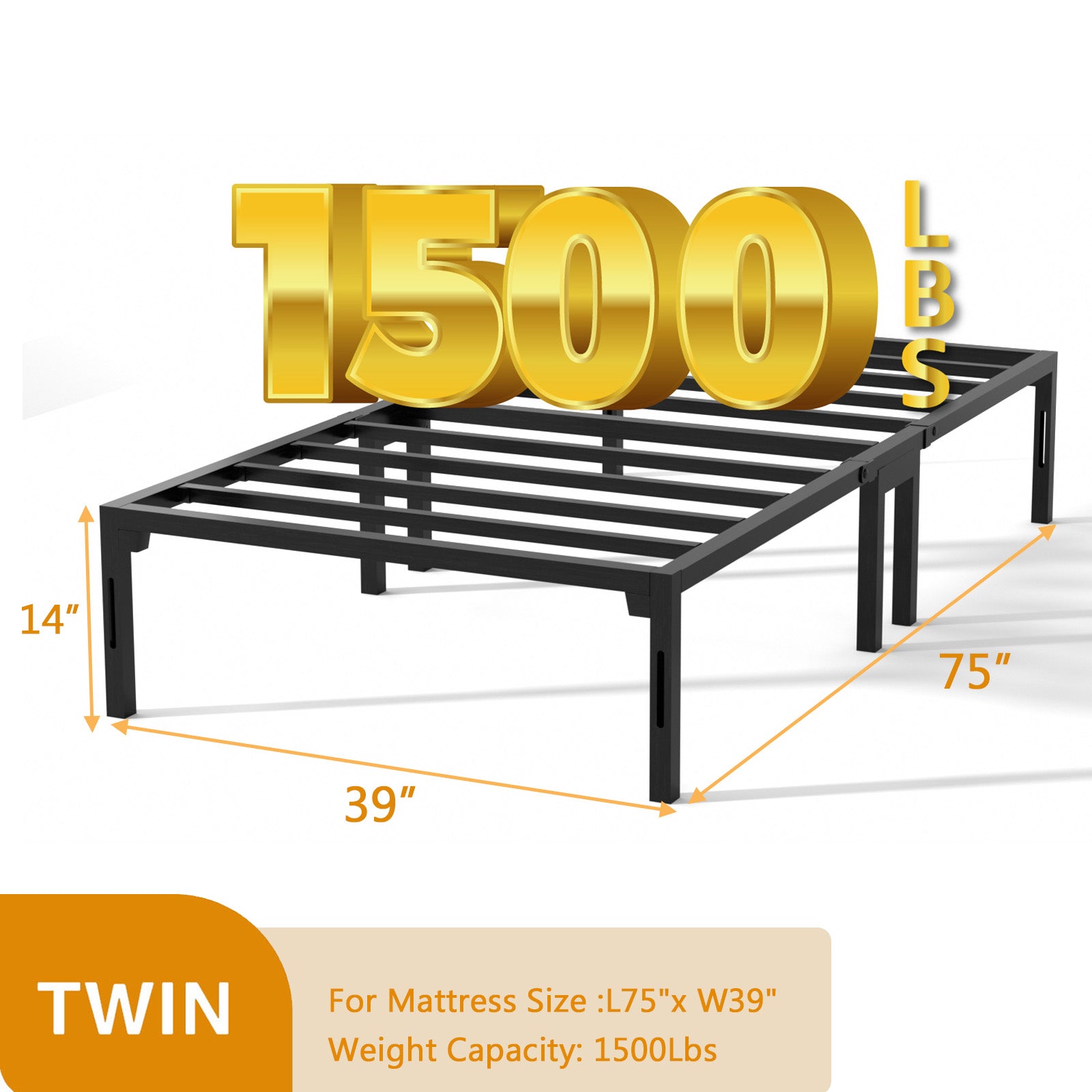 14" bed frame, heavy-duty metal platform bed frame with dual center supports, no box springs required, assembles in 8 minutes or less