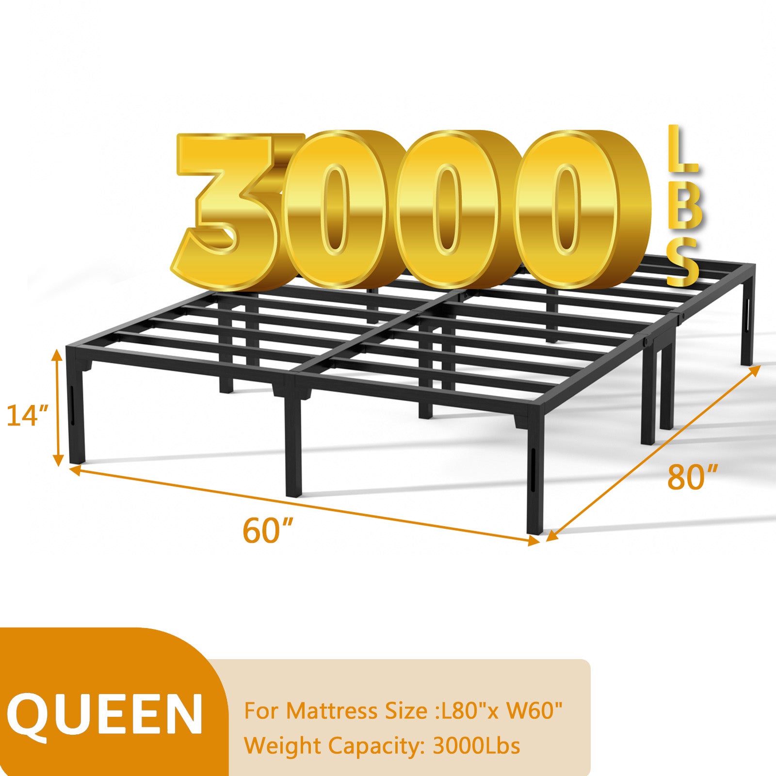 14" bed frame, heavy-duty metal platform bed frame with dual center supports, no box springs required, assembles in 8 minutes or less